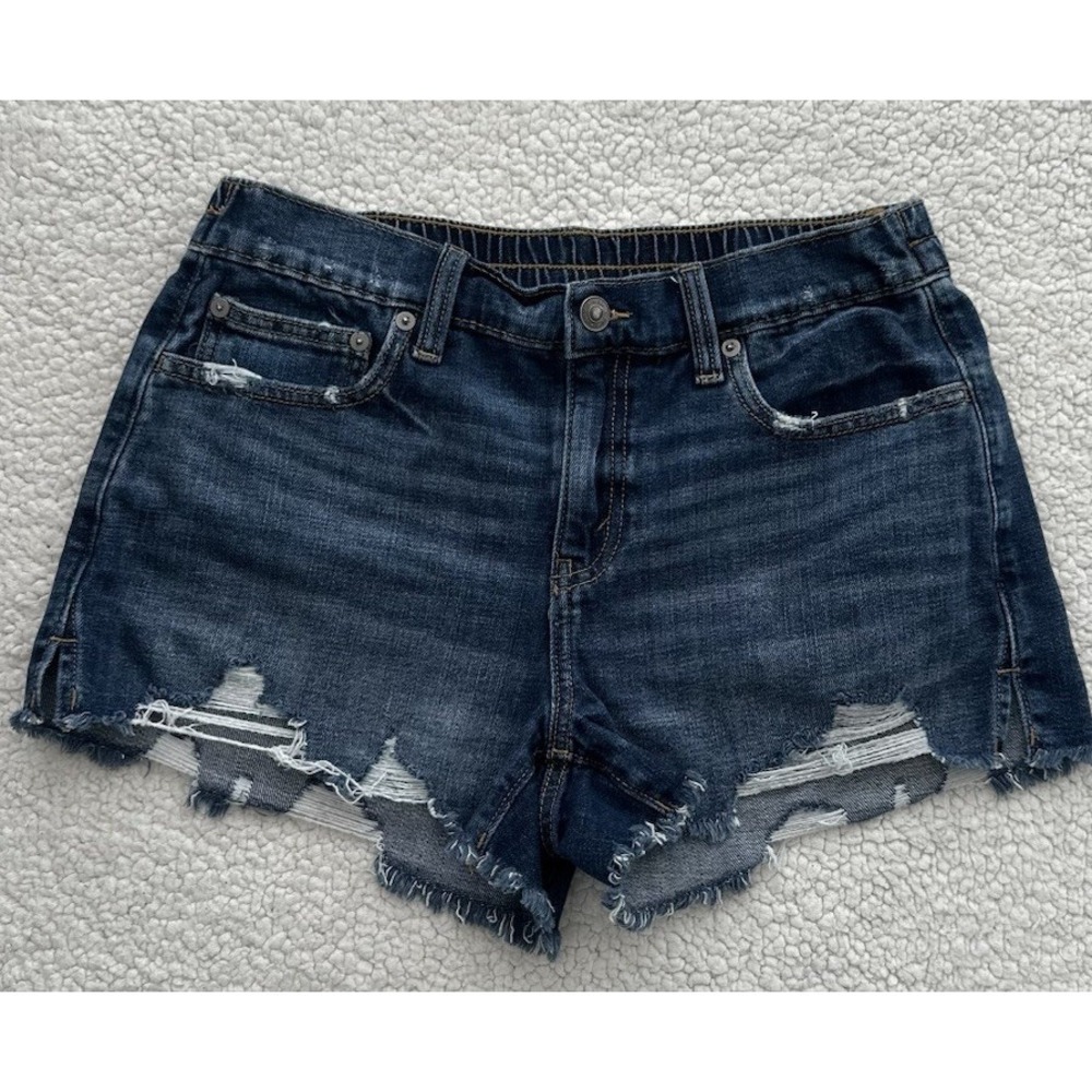 Aerie Women's Blue Denim Jean Shorts Size Small Elastic Waist Distressed Hem